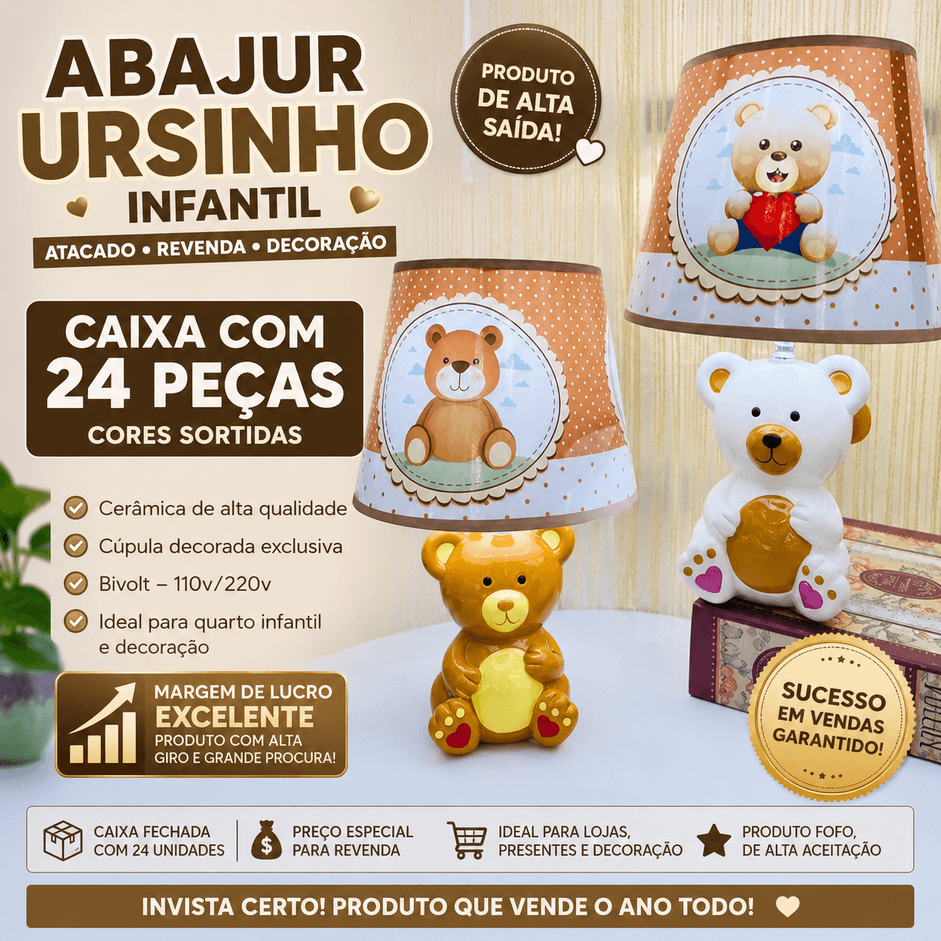 Caixa C/ 24 Abajures Ursinho Infantil Cerâmica Bivolt